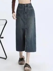 StyleCast Women Front Slit Denim Straight Skirt
