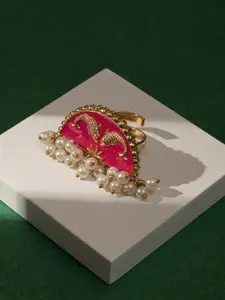 TEEJH Gold-Plated Stones-Studded & Beaded Finger Ring