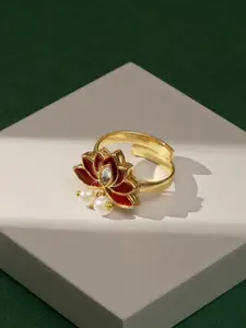 TEEJH Gold-Plated Pearl Beaded Adjustable Finger Ring