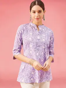 Winza Designer Women Floral Print Mandarin Collar Puff Sleeve Cotton Top