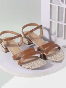 Mochi Women Woven Design Block Heel Sandals with Buckles
