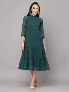 BAESD Georgette Mandarin Collar Puff Sleeve Tiered Fit & Flare Midi Dress