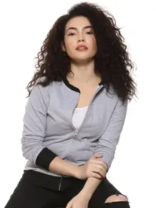 Campus Sutra Women Cotton Colourblocked Mock Collar Front-Open Sweatshirt