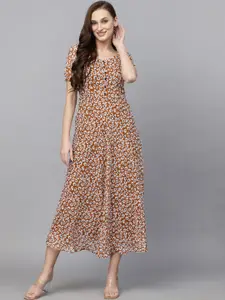 BAESD Women Floral Printed Puff Sleeve Fit & Flare Midi Dress