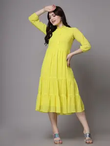BAESD Women Mandarin Collar Puff Sleeve Fit & Flare Midi Dress