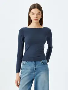 Koton Women Solid Boat Neck Cotton Slim Fit Top