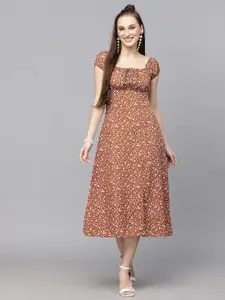 BAESD Women Floral Print Puff Sleeve A-Line Midi Dress