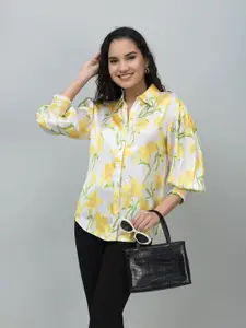 PURYS Women Standard Fit Spread Collar Floral Printed Satin Casual Shirt