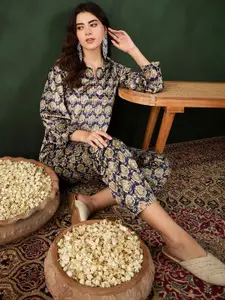 Sangria Self Design Round Neck Long Sleeve Velvet Top & Trouser