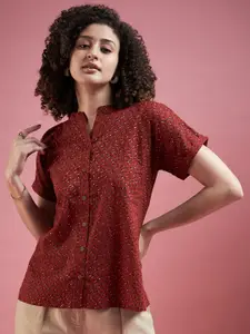 DressBerry Women Cotton Self Design Mandarin Collar Top