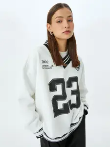 Koton Women Typography Printed V-Neck Pullover Sweatshirt
