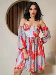 PURVAJA Women Printed Off-Shoulder Puff Sleeve Fit & Flare Dress