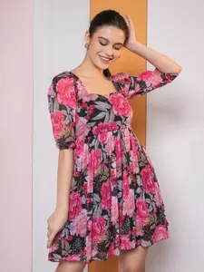 PURVAJA Women Floral Print Puff Sleeve Fit & Flare Dress