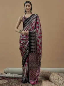 Saree mall modal Ajrak Block Poly Crepe Designer Block Print SareesWith Blouse Piece