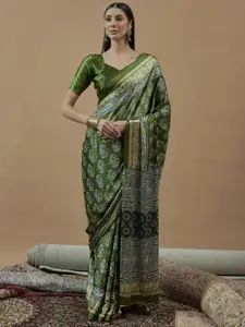 Saree mall modal Ajrak Block Poly Crepe Designer Block Print SareesWith Blouse Piece