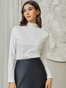 Styli Off White Embellished High Neck Long Sleeves Top