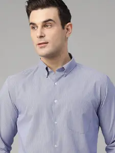 English Navy Button-Down Collar Striped Wrinkle Ressistant Slim Fit Formal Shirt