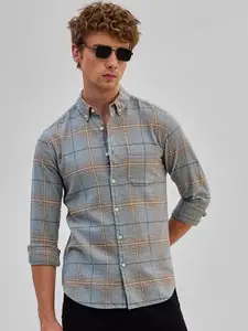 Snitch Men Smart Button-Down Collar Tartan Checked Cotton Slim Fit Casual Shirt