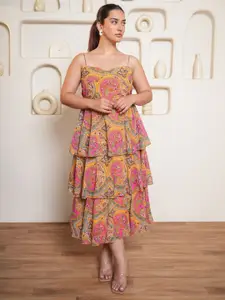 PURVAJA Women Floral Print Layered Fit & Flare Midi Dress