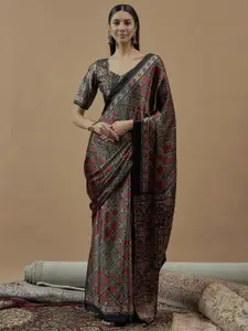 Saree mall modal Ajrak Block Poly Crepe Block Print SareesWith Blouse Piece