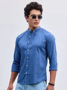 Snitch Men Smart Band Collar Solid Cotton Slim Fit Casual Shirt