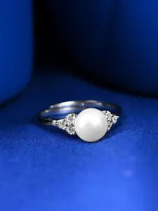 Clara 925 Sterling Silver Platinum-Plated CZ Stone Studded Pearl Finger Ring