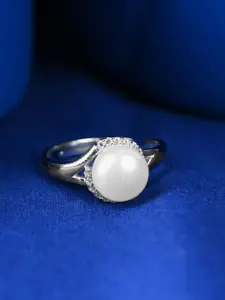 Clara 925 Sterling Silver Platinum-Plated CZ Stone Studded Pearl Finger Ring