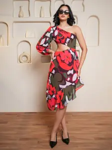 PURVAJA Women Floral Printed One Shoulder Puff Sleeves Drop-Waist Midi Dress