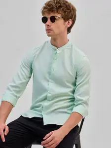 Snitch Men Smart Band Collar Solid Slim Fit Casual Shirt