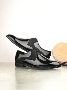 House of Pataudi Men Black Faux Leather Formal Lace up Derby Shoes