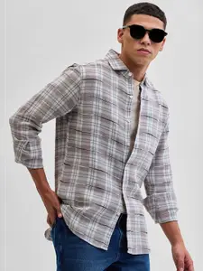 Snitch Men Classic Spread Collar Tartan Checked Cotton Casual Shirt