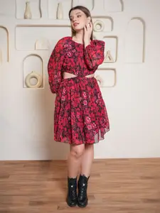 PURVAJA Women Floral Printed Puff Sleeve Fit & Flare Dress
