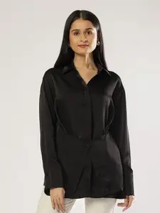 PEACH & PANDA Women Comfort Spread Collar Solid Satin Relaxed Fit Casual Shirt