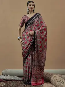 Saree mall modal Ajrak Block Poly Crepe Block Print SareesWith Blouse Piece