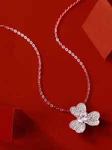 CAUER 925 Sterling Silver Rhodium Plated Floral Pendant Chain With CZ Necklace
