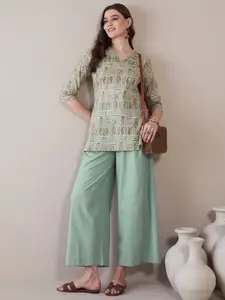 Anouk Rustic Ethnic Motifs Printed V-Neck Pure Cotton Pleated Kurti