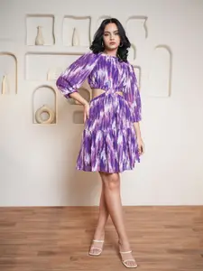 PURVAJA Women Print Puff Sleeve Fit & Flare Dress