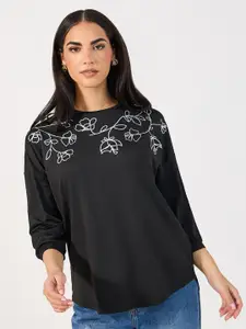 Styli Black Floral Printed Round Neck Three-Quarter Sleeves Top