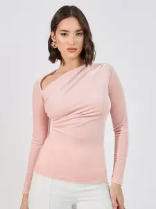 Styli Women Long Sleeves Velvet top with asymmetric Neckline and Ruching Details