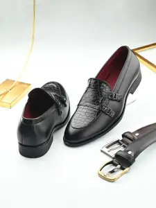 House Of Pataudi Men Black Faux Leather Formal Slip On Monks