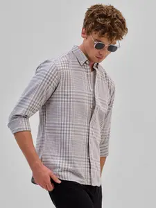 Snitch Men Smart Button-Down Collar Tartan Checked Cotton Slim Fit Casual Shirt