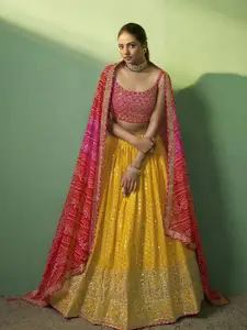 Fusionic Embroidered Mirror Work Semi-Stitched Lehenga & Unstitched Blouse With Dupatta