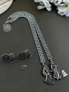 NAMAN ARTS Silver Plated Oxidised 3 Line Chain Pendant Jewellery Set