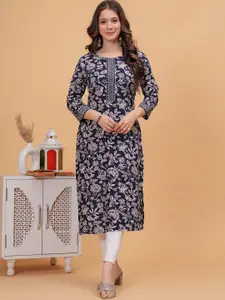 DRESSAR Floral Print Slit Sleeve Applique A-Line Dress