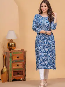 DRESSAR Floral Print Slit Sleeve Applique A-Line Dress