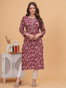 DRESSAR Floral Print Slit Sleeve Applique A-Line Dress