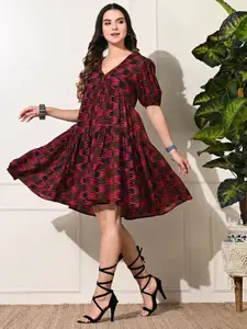 DECKEDUP Bohemian Print Ruffled Fit & Flare Mini Dress