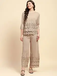 Global Republic Embellished Round Neck Three-Quarter Sleeves Top With Trouser