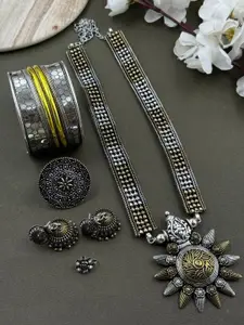 NAMAN ARTS Kia Dual Tone Silver-Plated Oxidised Necklace Jewellery Set