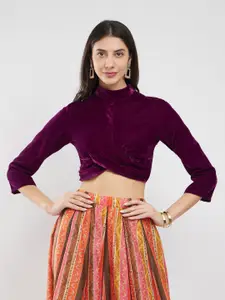 Pink Fort Women Solid High Neck Velvet Crop Top